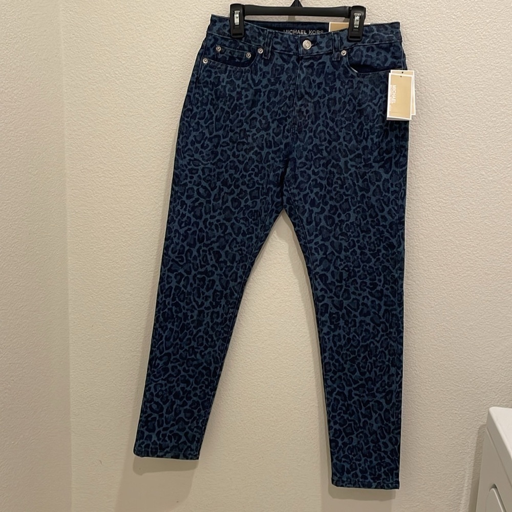 NWT Michael Kors Womens Blue High-Rise Skinny Leopard Denim Jeans Pants Size 6 P - Picture 2 of 13